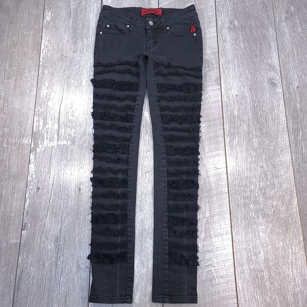 Tripp NYC Skinny Jeans Women Size 3 Black Ruffle Lace Front Skull Rivet Goth